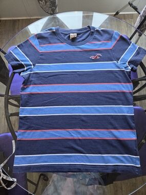 Hollister Men's Navy Blue Striped Crewneck T-Shirt 100% Cotton